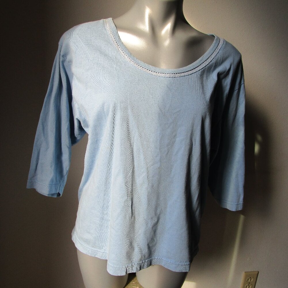 Blue cotton shirt, Large, 3/4 sleeve, Scoop neck JL Plum 1980s pullover top.